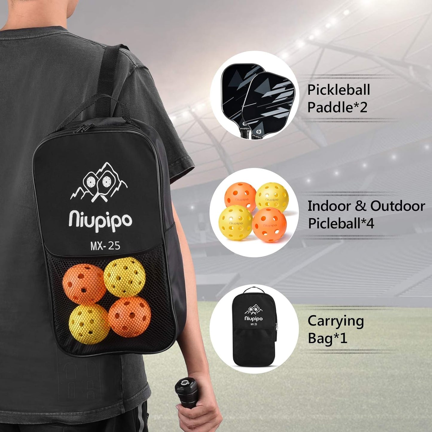 Premium Pickleball Paddles Set of 2 - USAPA Approved Lightweight Rackets with Durable Fiberglass Surface, Polypropylene Honeycomb Core, Cushion Grip, 4 Balls, and Carry Bag