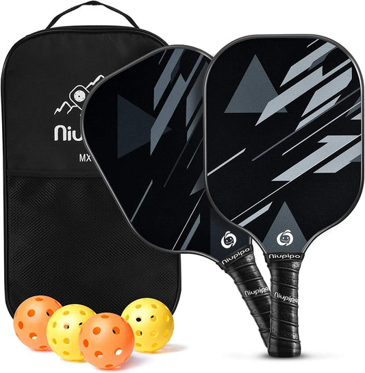 Premium Pickleball Paddles Set of 2 - USAPA Approved Lightweight Rackets with Durable Fiberglass Surface, Polypropylene Honeycomb Core, Cushion Grip, 4 Balls, and Carry Bag